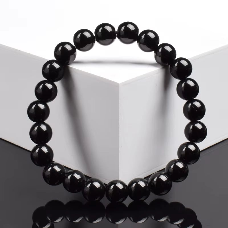 Natural Black Agates Beads Bracelet Women Men Genuine Black Onyx Natural Stone 6Mm 8Mm Smooth round Beads Lucky Energy Jewelry